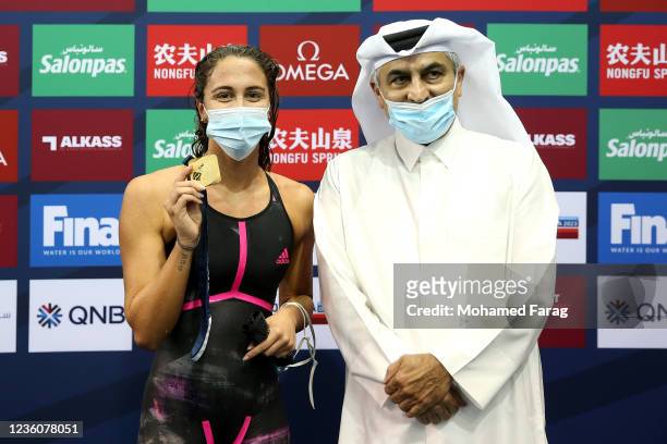 Simona Quadarella of Italy wins the gold medal in the Women's 800m Individual Freestyle during day Three of the FINA Swimming World Cup Doha at Hamad...