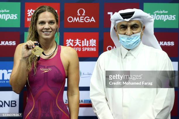 Yuliya Efimova of Russia wins the gold medal in the Women's 50m Individual Breaststroke during day Three of the FINA Swimming World Cup Doha at Hamad...
