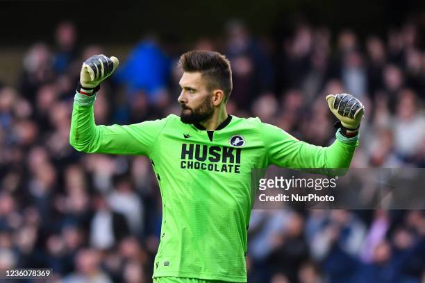 Bartosz Bialkowski of Millwall celebrate after the Sky Bet Championship match between Millwall and Stoke City at The Den, London on Saturday 23rd...