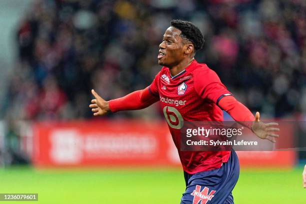Jonathan David of Lille OSC celebrates after scoring his team's first goal during the Ligue 1 Uber Eats match between Lille and Brest at Stade Pierre...