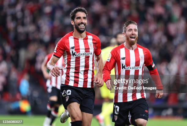 Raul Garcia of Athletic Bilbao celebrates after scoring his team's first goal with Muniain of Athletic Bilbao during the LaLiga Santander match...