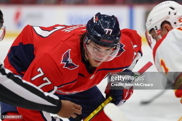 Oshie of the Washington Capitals gets set for the face-off against the Calgary Flames at Capital One Arena on October 23, 2021 in Washington, D.C.