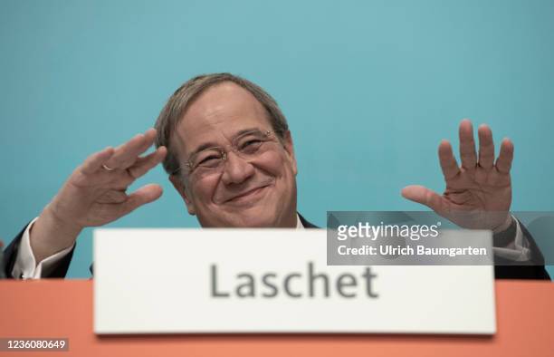 Armin Laschet, federal chairman of the CDU, reacts after his speech at the 43rd CDU state party conference of North-Rhine Westphalia's Christian...