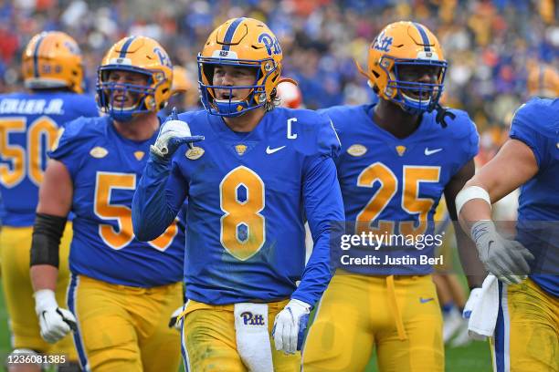 Kenny Pickett of the Pittsburgh Panthers reacts after throwing a 39 yard touchdown pass in the second quarter during the game against the Clemson...