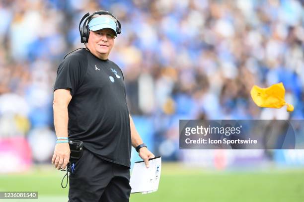Head coach Chip Kelly reacts to a flag during a college football game between the Oregon Ducks and the UCLA Bruins played on October 23, 2021 at the...
