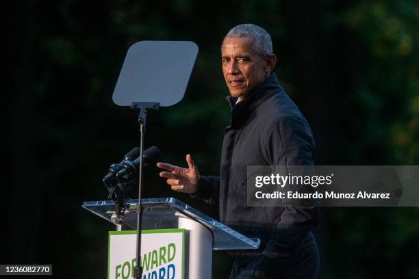 Former U.S. President Barack Obama speaks during an early vote rally for New Jersey Gov. Phil Murphy on October 23, 2021 in Newark, New Jersey....