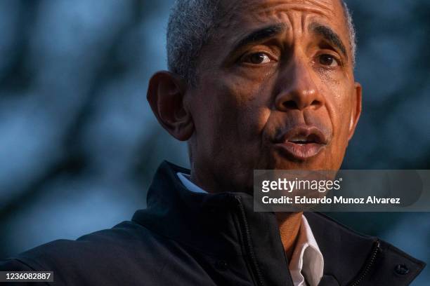 Former U.S. President Barack Obama speaks during an early vote rally for New Jersey Gov. Phil Murphy on October 23, 2021 in Newark, New Jersey....