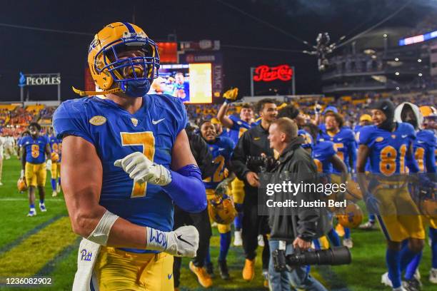 Lucas Krull of the Pittsburgh Panthers reacts after a 27-17 win over the Clemson Tigers at Heinz Field on October 23, 2021 in Pittsburgh,...