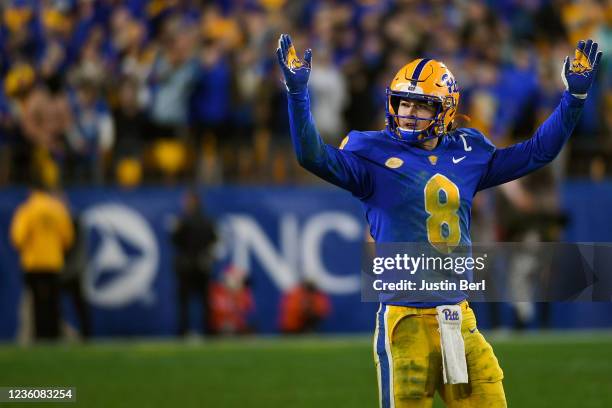 Kenny Pickett of the Pittsburgh Panthers reacts in the fourth quarter during the game against the Clemson Tigers at Heinz Field on October 23, 2021...