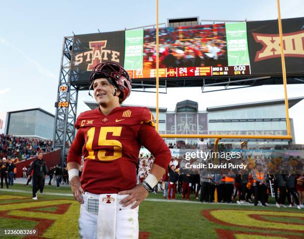 Quarterback Brock Purdy of the Iowa State Cyclones celebrates at midfield after the Iowa State Cyclones defeated the Oklahoma State Cowboys 24-21 at...
