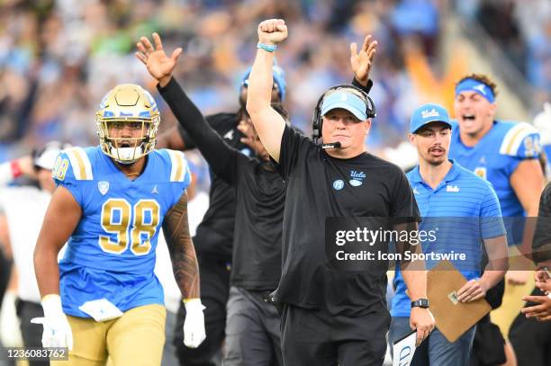 Bruins head coach Chip Kelly celebrates an Oregon turnover during a college football game between the Oregon Ducks and the UCLA Bruins played on...