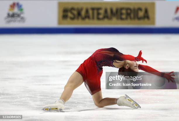 Alexandra Trusova of Russia skates in the Women's Short Program in day 2 of the ISU Grand Prix of Figure Skating Skate America at the Orleans Arena...