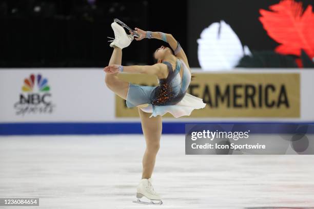 Kaori Sakamoto of Japan skates in the Women's Short Program in day 2 of the ISU Grand Prix of Figure Skating Skate America at the Orleans Arena on...