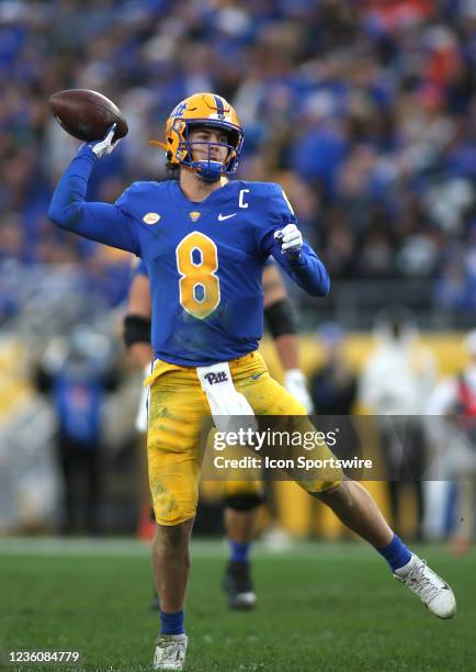 Kenny Pickett of the Pittsburgh Panthers throws downfield to an open receiver during the second half against the Clemson Tigers at Heinz Field in...