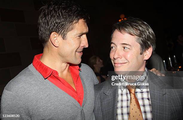 Jonathan Cake and Matthew Broderick pose at The Opening Night After Party for "La Bete" on Broadway at Gotham Hall on October 14, 2010 in New York...