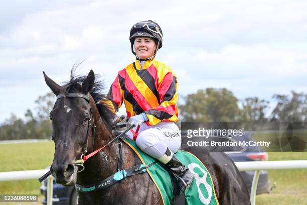 Dupie Doll ridden by Kiran Quilty returns to the mounting yard after winning the Ridley BM58 Handicap at St Arnaud Racecourse on October 24, 2021 in...