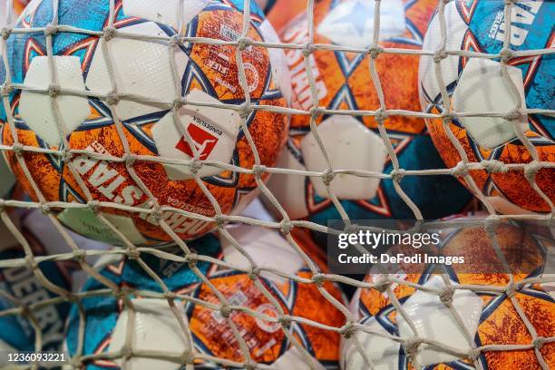 Balls in the ball net prior to the Bundesliga match between FC Bayern München and TSG Hoffenheim at Allianz Arena on October 23, 2021 in Munich,...