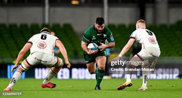 Dublin , Ireland - 23 October 2021; Matthew Burke of Connacht in action against Matty Rea and Nathan Doak of Ulster during the United Rugby...