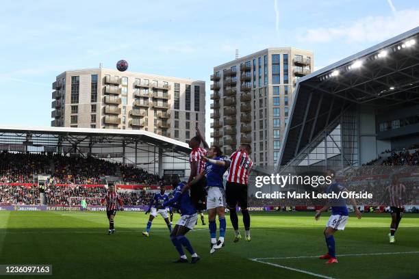 General view of Brentford Community Stadium as Boubakary Soumare of Leicester, Ethan Pinnock of Brentford, Caglar Soyuncu of Leicester and Pontus...