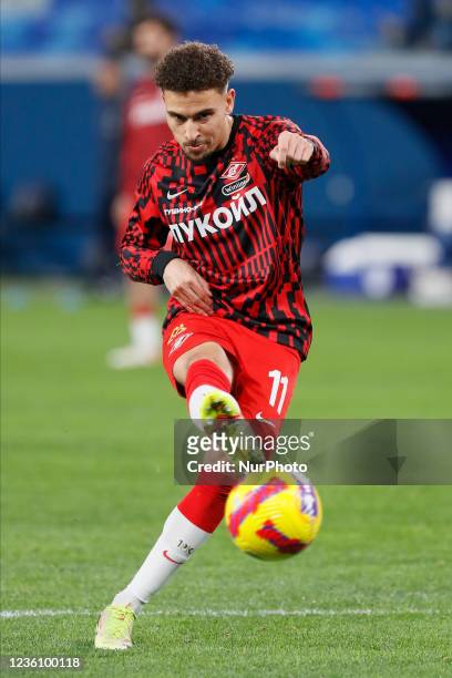 Jordan Larsson of Spartak Moscow shoots on goal during the warm-up ahead of the Russian Premier League match between FC Zenit Saint Petersburg and FC...