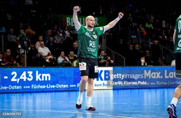 Paul Drux of Fuechse Berlin during the Handball-Bundesliga game between Fuechse Berlin and TuS N-Luebbecke at Max-Schmeling-Halle on October 24, 2021...