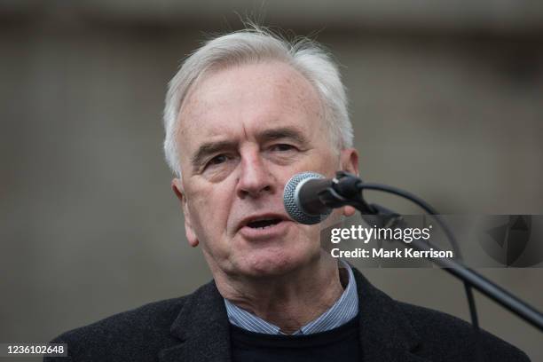 John McDonnell, Labour MP for Hayes and Harlington, addresses supporters of Wikileaks founder Julian Assange outside the High Court following a March...