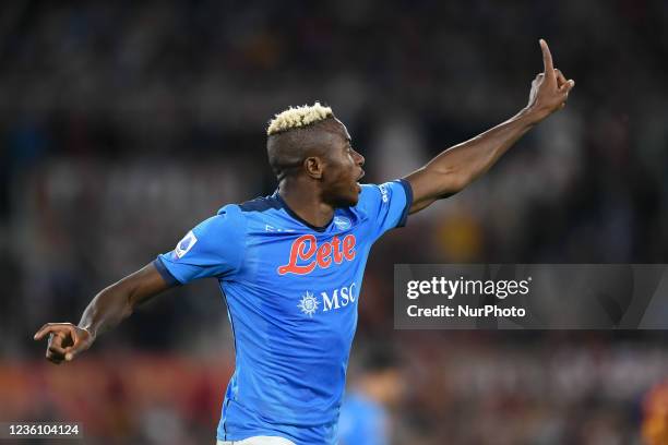 Victor Osimhen of SSC Napoli looks dejected scoring first goal ruled offside by the referee during the Serie A match between AS Roma and SSC Napoli...