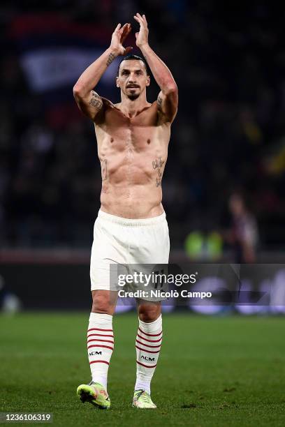 Zlatan Ibrahimovic of AC Milan gestures at the end of the Serie A football match between Bologna FC and AC Milan. AC Milan won 4-2 over Bologna FC.