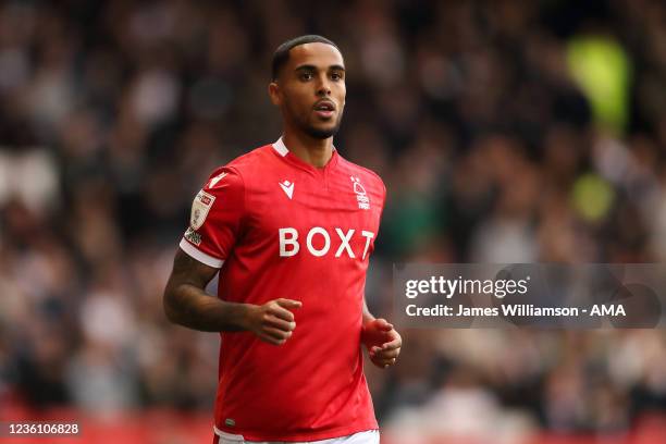 Max Lowe of Nottingham Forest during the Sky Bet Championship match between Nottingham Forest and Fulham at City Ground on October 24, 2021 in...