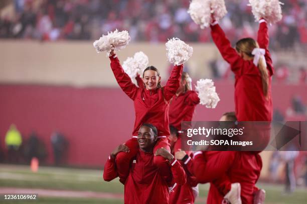 Indiana University cheerleaders cheer during the National Collegiate Athletic Association football game between Indiana University and Ohio State at...