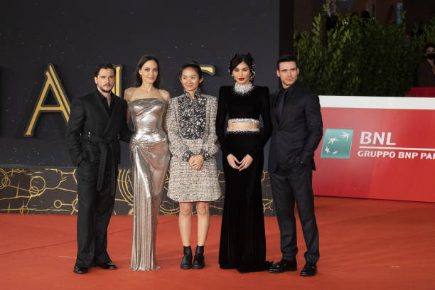 Kit Harington, Angelina Jolie, Chloe Zhao, Gemma Chan and Richard Madden attend the red carpet of the movie "Eternals" during the 16th Rome Film Fest...