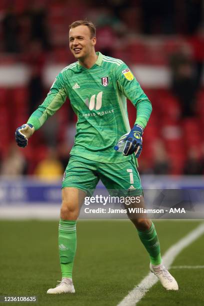 Marek Rodak of Fulham during the Sky Bet Championship match between Nottingham Forest and Fulham at City Ground on October 24, 2021 in Nottingham,...