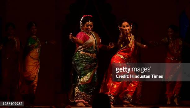 Artist from "Lavanya Darbar" perform Maharashtrian folk dance of Lavni on stage after gap of one and half year during COVID19 pandemic at Damodar...