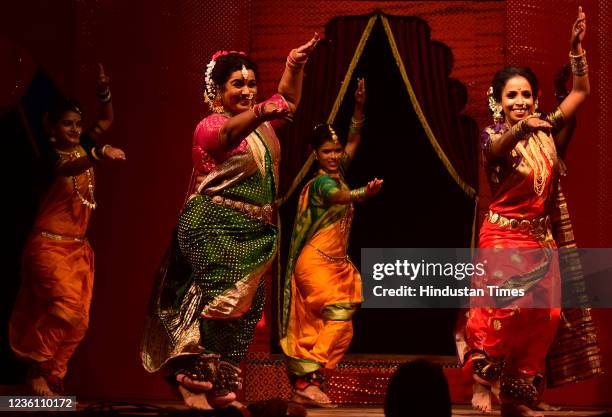 Artist from "Lavanya Darbar" perform Maharashtrian folk dance of Lavni on stage after gap of one and half year during COVID19 pandemic at Damodar...
