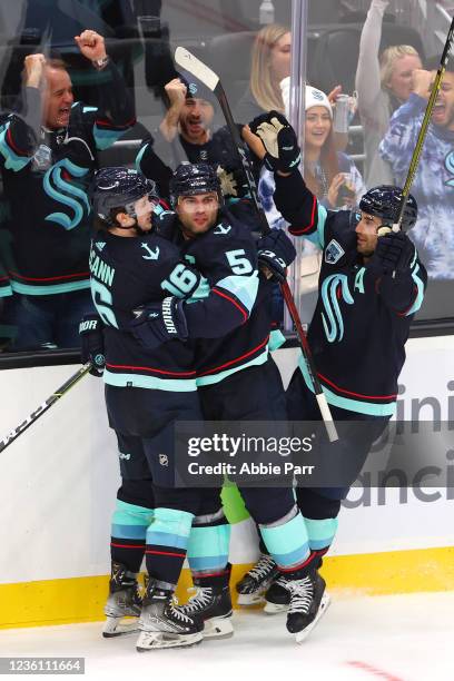 Mark Giordano of the Seattle Kraken celebrates his third period goal to take a 2-1 lead against the Vancouver Canucks during the Seattle Kraken's...