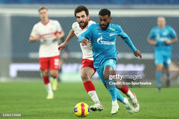 Midfielder Wendel of FC Zenit and defender Georgi Dzhikiya of FC Spartak in action during the Russian Premier League match between FC Zenit and FC...