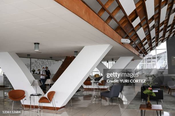 This photo taken on September 28, 2021 shows the interior structure and decoration of the cylindrical design of the tourist hotel Humboldt, a work...