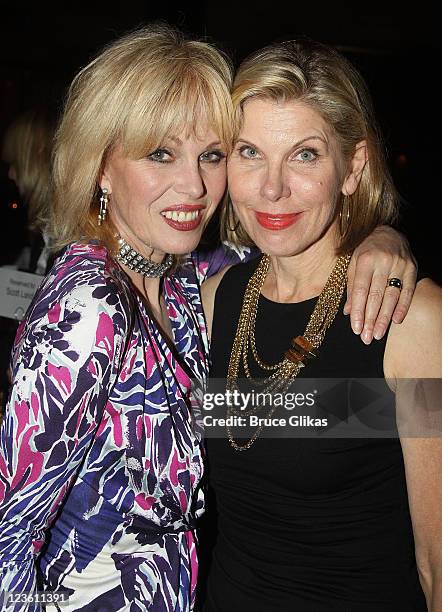 Joanna Lumley and Christine Baranski pose at The Opening Night After Party for "La Bete" on Broadway at Gotham Hall on October 14, 2010 in New York...