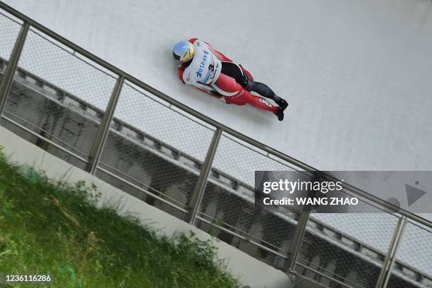 Austria's Blake Enzie competes during the men's skeleton in an IBSF sanctioned race, part of a 2022 Beijing Winter Olympic Games test event, at the...