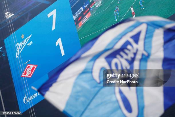 The final score is seen on the display during the Russian Premier League match between FC Zenit Saint Petersburg and FC Spartak Moscow on October 24,...