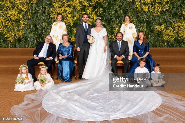 In this handout from the Greek Royal Family, Philippos, son of former King of Greece Constantine II, and his wife Nina Flohn pose with Ex-King...