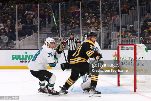 San Jose Sharks defenseman Mario Ferraro and Boston Bruins left wing Taylor Hall in action during a NHL game between San Jose Sharks and Boston...