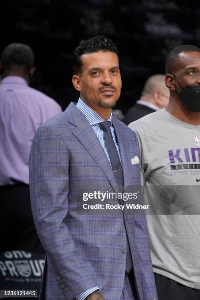 Former NBA player Matt Barnes looks on prior to the game between the Utah Jazz and Sacramento Kings on October 22, 2021 at Golden 1 Center in...