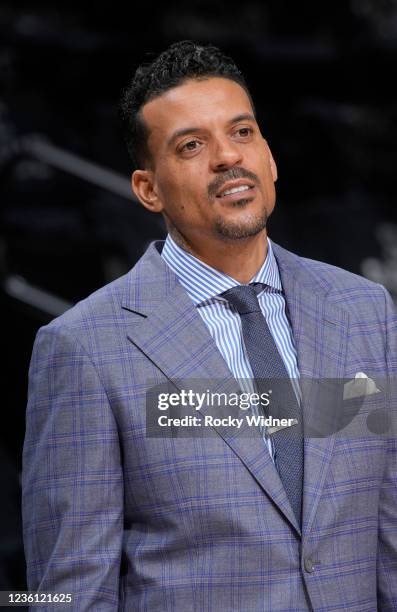 Former NBA player Matt Barnes looks on prior to the game between the Utah Jazz and Sacramento Kings on October 22, 2021 at Golden 1 Center in...