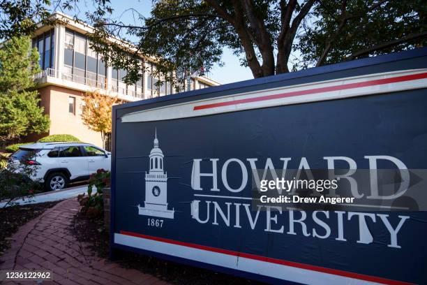 An entrance sign near the main gate at Howard University October 25, 2021 in Washington, DC. Students have complained about mold and poor conditions...
