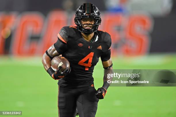 Miami running back Jaylan Knighton takes a reception 53-yards for a touchdown in the second quarter as the University of Miami Hurricanes faced the...