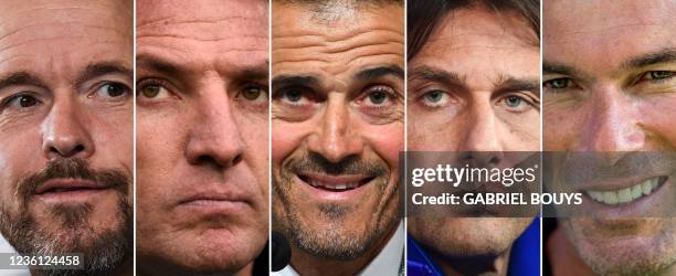 Combination of pictures created in London on October 25, 2021 shows Ajax Amsterdam's Dutch head coach Erik Ten Hag, Leicester City's Northern Irish...