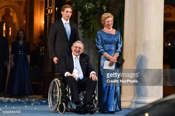 Prince Constantine Alexios , Queen Anne-Marie and King Constantine depart from the Metropolitan Cathedral of Athens, in Athens, Greece, on October...