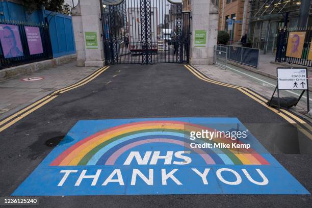 Rainbow thank you message for all the staff at King's College Hospital on 19th October 2021 in London, United Kingdom. This hospital has become one...