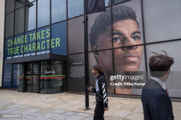 The face of Marcus Rashford in large scale outside Coutts bank for Black History Month as part of the 'Proud to be' campaign on 19th October 2021 in...